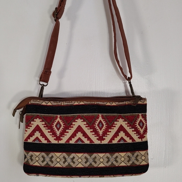 Canyon Sky Tapestry Vegan Leather Stylish Brown and Red Patterned Women's Bag - Picture 8 of 14